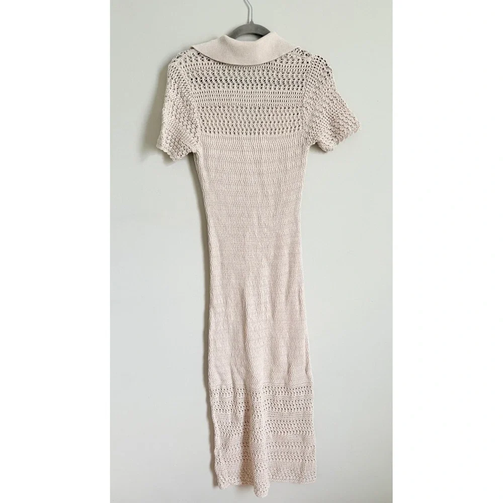 Loft Beach Crochet Maxi Dress Cream Cotton Knit Polo Collar Short Sleeve Small - Picture 4 of 5